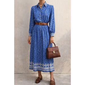 Vintage Schrader long sleeve pleated leaf print secretary dress size 6 small S